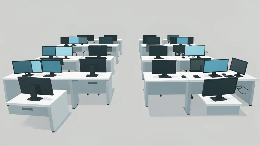 A flat-vector illustration of a trading floor with rows of desks and computer monitors.