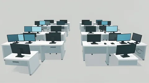 A flat-vector illustration of a trading floor with rows of desks and computer monitors.