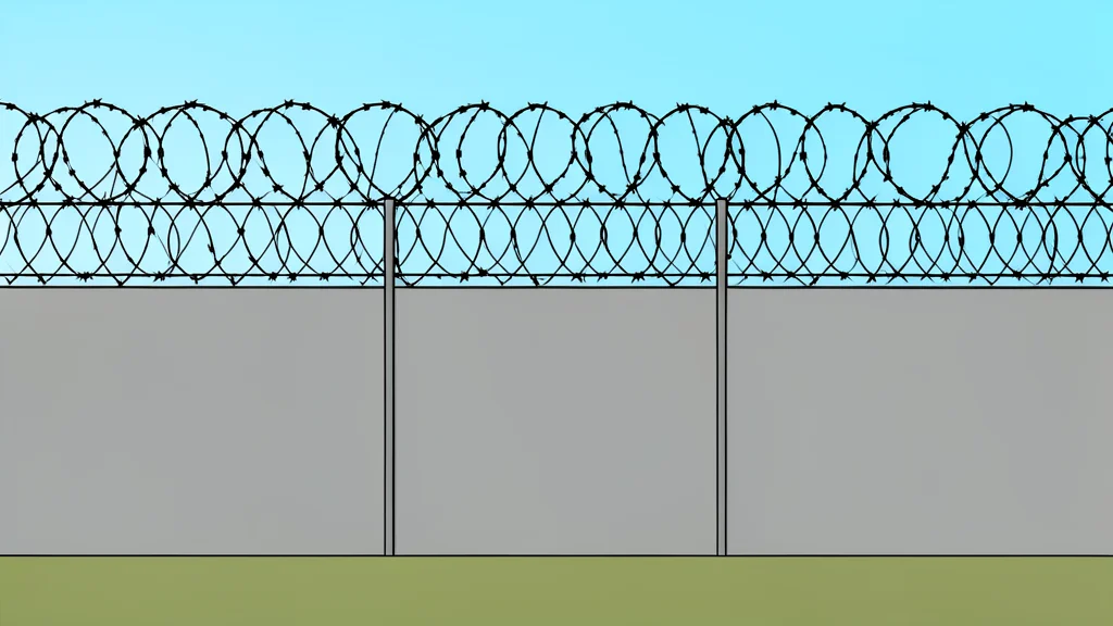 A flat-vector illustration of a concrete prison wall topped with barbed wire, viewed from a distance.