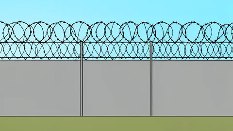 A flat-vector illustration of a concrete prison wall topped with barbed wire, viewed from a distance.