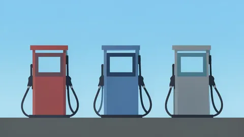 A row of fuel pumps at a gas station