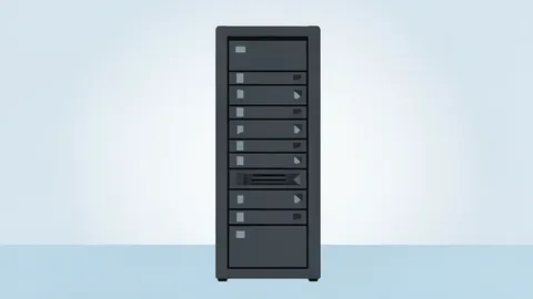 A stylized vector illustration of a server rack in a data center.