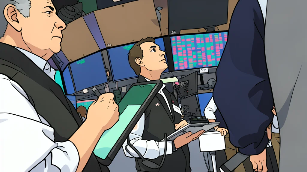 A flat-vector illustration of a trading floor with rows of desks and monitors.