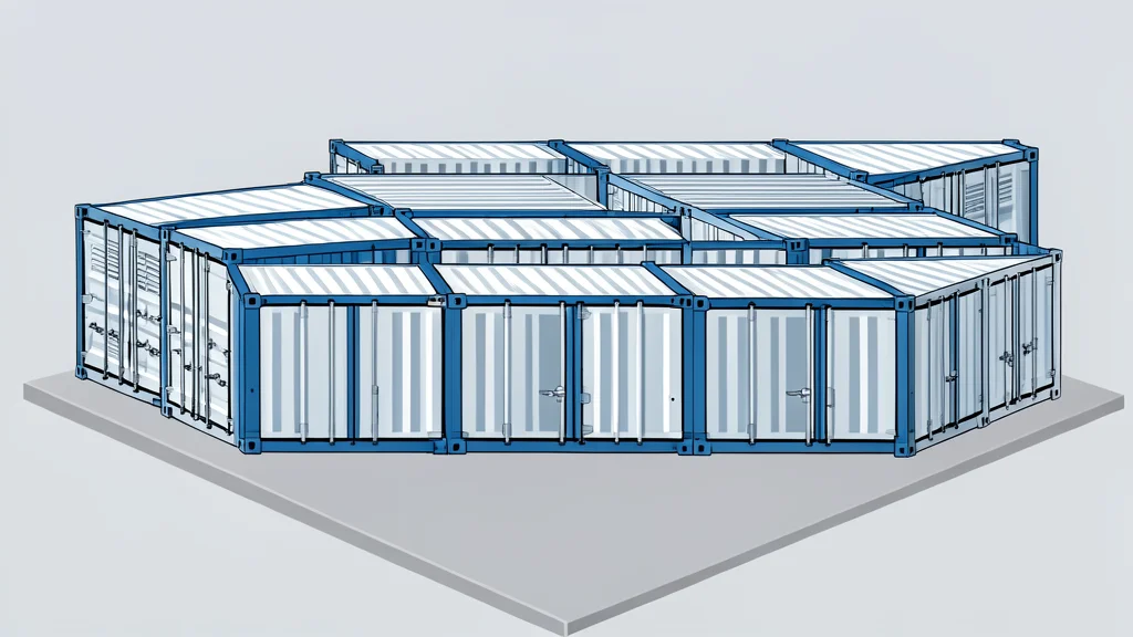 A row of prefabricated industrial containers with ventilation grilles and heavy-duty doors, arranged in a grid on a concrete pad.