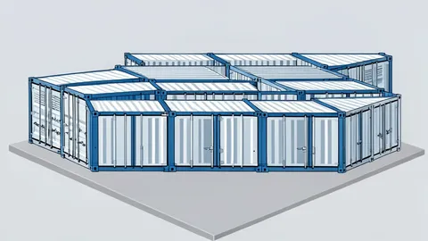 A row of prefabricated industrial containers with ventilation grilles and heavy-duty doors, arranged in a grid on a concrete pad.