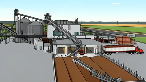 A stainless steel industrial frying line with baskets of golden-brown potato wedges moving along a conveyor belt