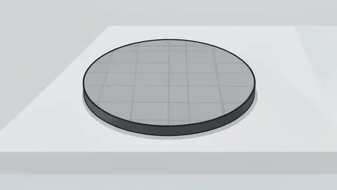 A flat-vector illustration of a circular semiconductor wafer resting on a cleanroom table.
