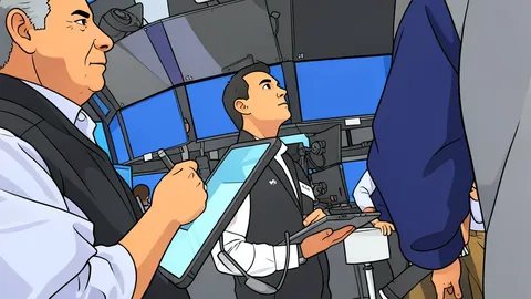 A flat vector illustration of a trading floor with rows of desks and monitors.