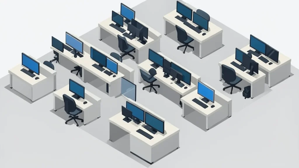 A flat vector illustration of a stock exchange trading floor with rows of desks and monitors, avoiding any text or numbers.