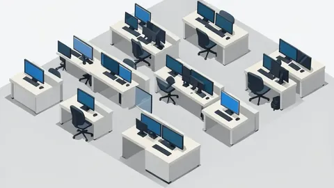 A flat vector illustration of a stock exchange trading floor with rows of desks and monitors, avoiding any text or numbers.