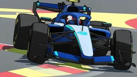 A sleek, low-profile open-wheel racing car with a prominent front wing and halo safety device, parked on a smooth asphalt track surface.