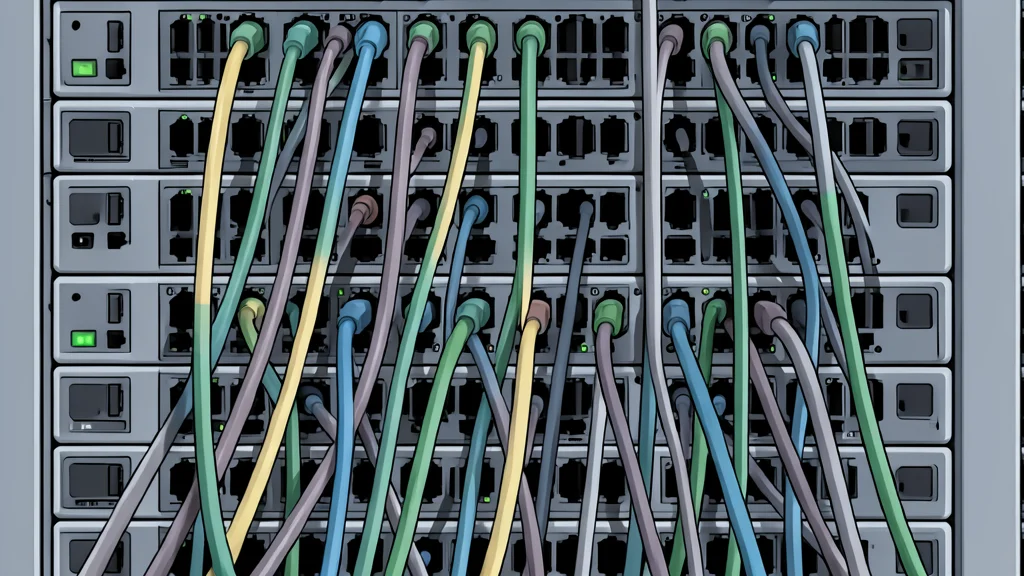 A flat vector illustration of a fiber optic cable spool and a patch panel with connected cables in a server room