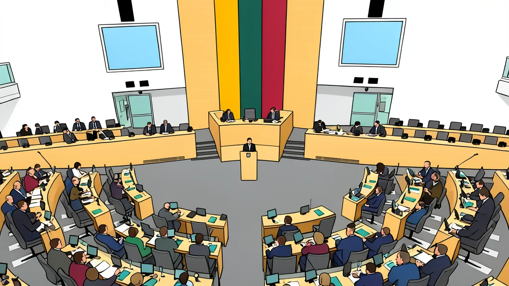 A modern parliamentary chamber with rows of empty wooden desks and a central podium