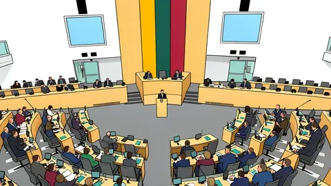 A modern parliamentary chamber with rows of empty wooden desks and a central podium