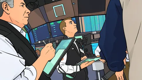 A flat vector illustration of a trading floor with rows of desks and monitors