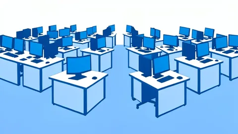 A minimalist vector illustration of a trading floor with rows of desks and monitors