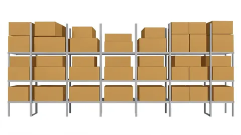 A retail store aisle filled with stacked cardboard boxes of household goods