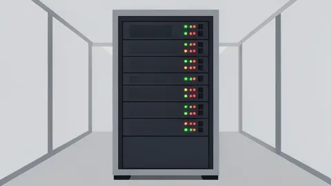 A server rack with blinking status lights in a data center aisle