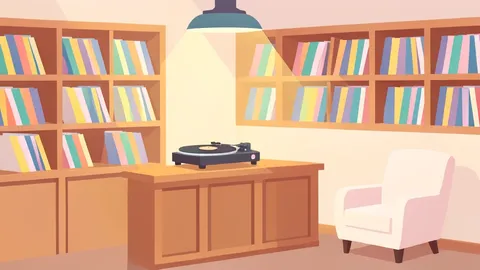 A cozy interior of a small record shop with shelves full of vinyl records and a turntable on a counter.