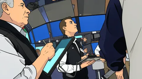 A flat vector illustration of a trading floor with rows of desks and monitors