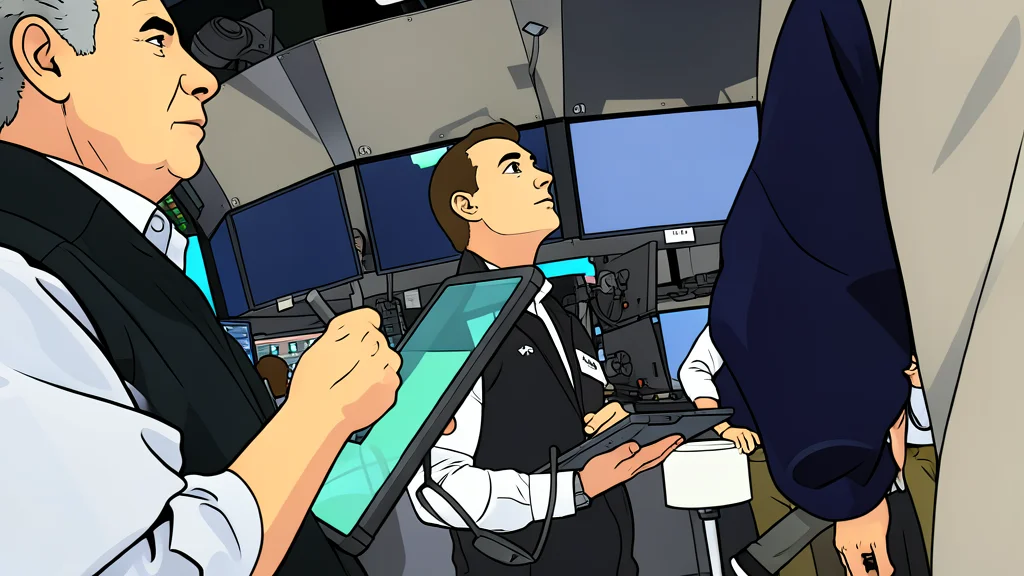 A flat vector illustration of a trading floor with rows of desks and monitors.