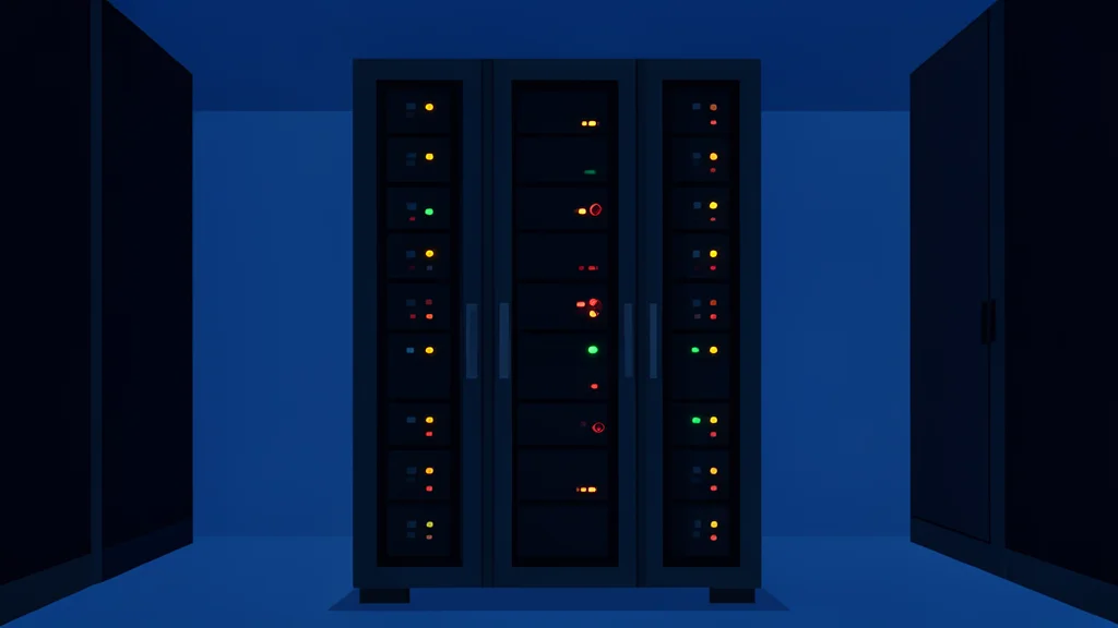 A server rack with blinking status lights in a dimly lit data center