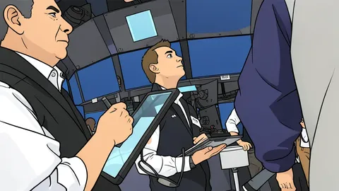 A stylized flat vector illustration of a trading floor with rows of empty desks and monitors.