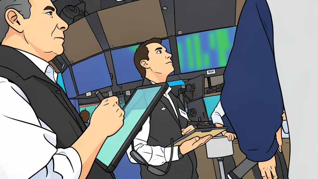 A stylized flat vector illustration of a trading floor with rows of empty desks and monitors.