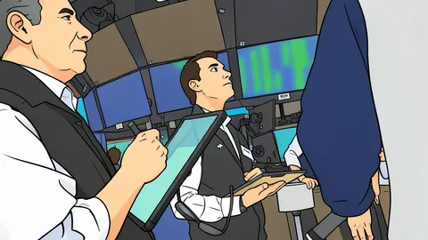 A stylized flat vector illustration of a trading floor with rows of empty desks and monitors.