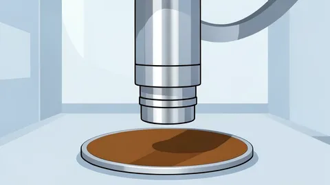 A polished metal wafer polishing machine head hovering over a silicon wafer in a cleanroom environment