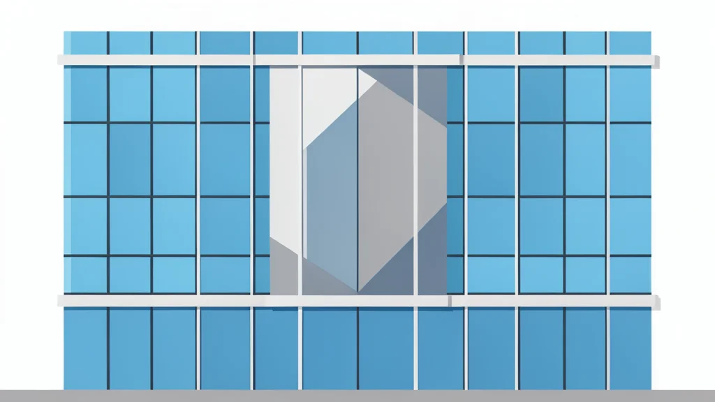 A modern glass and steel building facade with a large, abstract geometric logo.