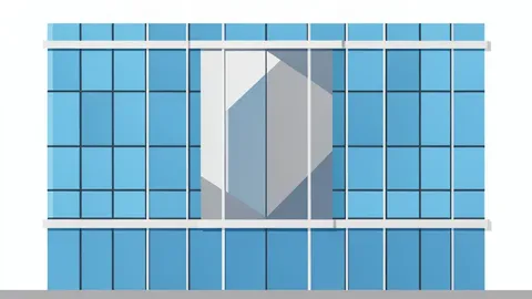 A modern glass and steel building facade with a large, abstract geometric logo.