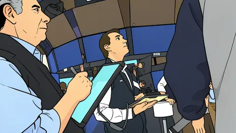 A flat-vector illustration of a modern trading floor with rows of desks and glowing monitors.