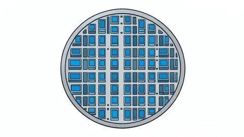 A silicon wafer with a grid of microchips