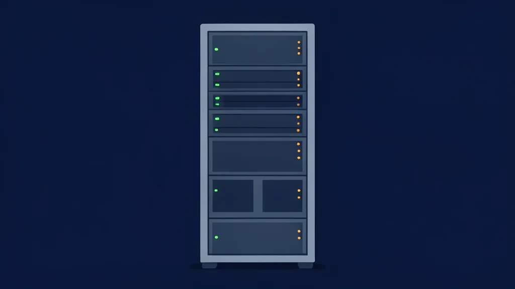 A server rack with blinking status lights in a dark room