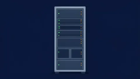 A server rack with blinking status lights in a dark room