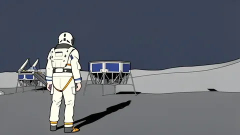 A stylized rocket standing on a concrete launch pad
