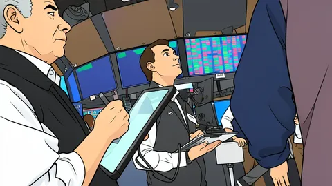 A stylized trading floor with rows of empty desks and glowing monitors
