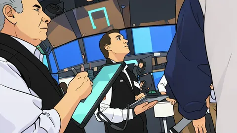 A stylized flat vector illustration of a trading floor with rows of desks and abstract monitor shapes.