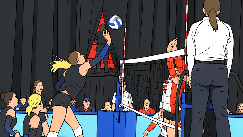 A white volleyball resting on a polished wooden gymnasium floor near a net post