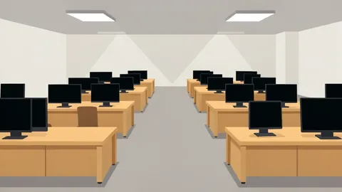 A stylized vector illustration of a modern trading floor with rows of empty desks and dark monitors, devoid of any text or numbers.