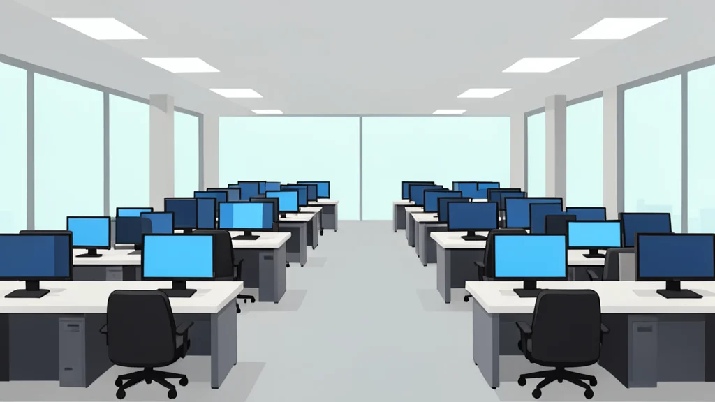 A flat vector illustration of a trading floor with rows of desks and monitors.