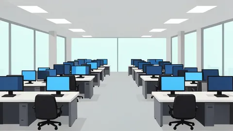 A flat vector illustration of a trading floor with rows of desks and monitors.