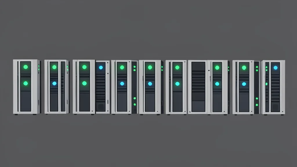 A row of industrial cryptocurrency mining rigs with glowing status lights