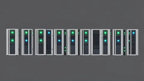 A row of industrial cryptocurrency mining rigs with glowing status lights