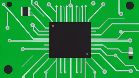 A green printed circuit board featuring a central black integrated circuit chip