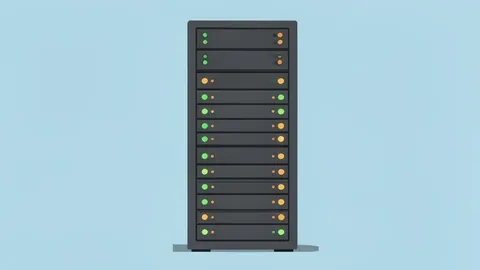 A server rack with blinking status lights