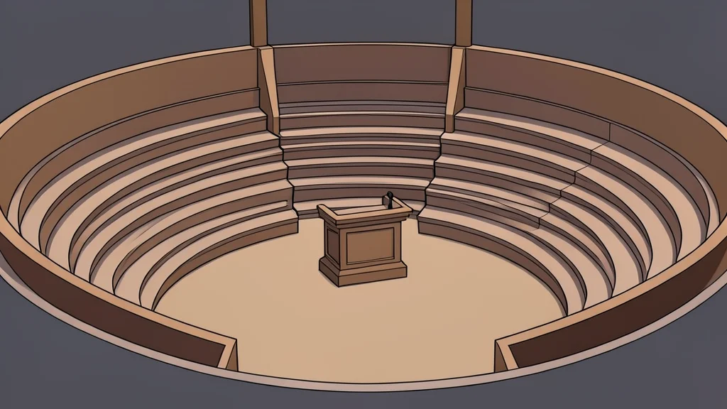A wide-angle view of a large, circular assembly hall with tiered seating surrounding a central podium.