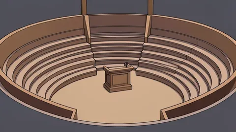 A wide-angle view of a large, circular assembly hall with tiered seating surrounding a central podium.