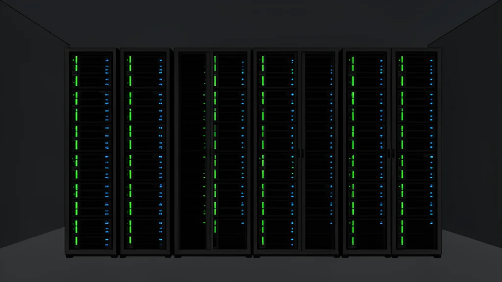 Rows of black server racks with glowing status lights in a dark room